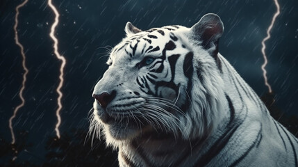 White tiger in the rain with lightning on the background.generative ai