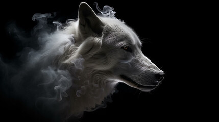 Portrait of a white Swiss Shepherd dog with smoke on a black background.generative ai