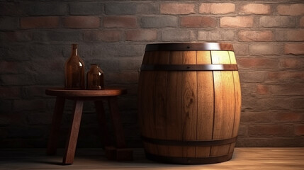  wooden barrel in front of a brick wall.generative ai