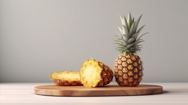 Pineapple fruit on wooden table with copy space.generative ai