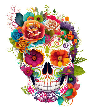 skull with flowers isolated, ai art
