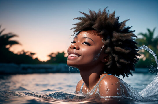 Beautiful african american woman with afro hairstyle in water. Generative AI.