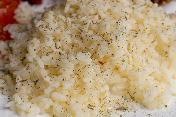 Cooked cooked crumbly rice with sausage