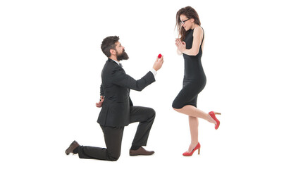 Pure feelings. Will you marry me. i said yes. happy valentines day. tuxedo couple formal event. couple in love celebrate engagement. wedding party time. man on one knee making marriage proposal