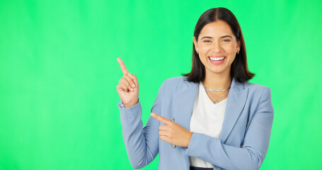 Business, happy woman and face on green screen pointing to mockup background, studio and smile. Portrait of female worker advertising promotion, product placement and announcement of deal coming soon