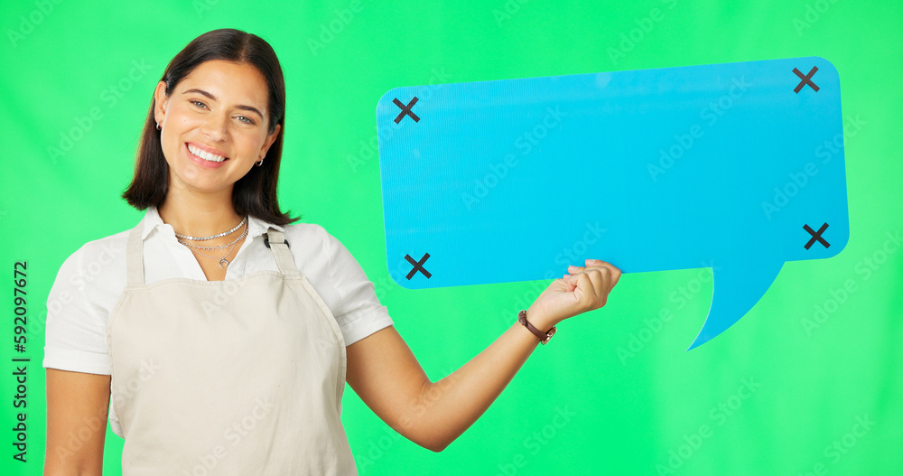 Wall mural Speech bubble, happy woman and face, marketing on green screen with mockup and social media branding. Logo promo, tracking markers and female in portrait with smile, advertising on studio background