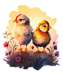 Obraz premium watercolor cute chicken couple on the floral nest, ai art