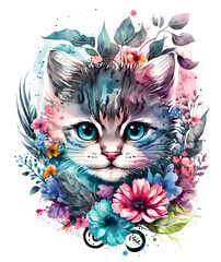 adorable cute cat with flowers, watercolor, generated with ai