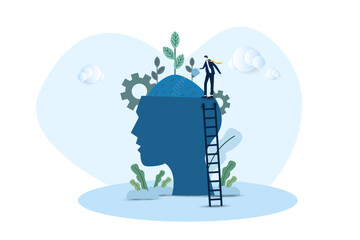 Personal growth concept. man with watering can waters brain, abstract pictures, education. Invest in yourself, motivational poster or banner and self development. Vector illustration