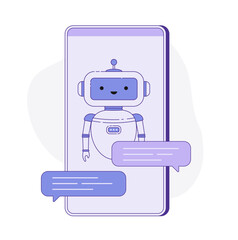 Chatbot service in mobile application. Online communication with virtual assistant, artificial intelligence, helper. Flat vector illustration