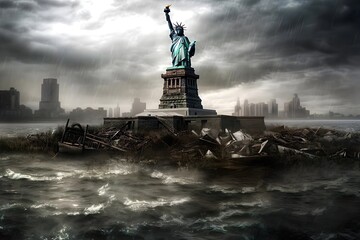 Fototapeta premium A statue of liberty stands in the middle of a body of water created with Generative AI technology