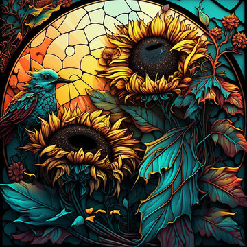 Stained Glass Sunflower, Flower Art, Generated With Ai