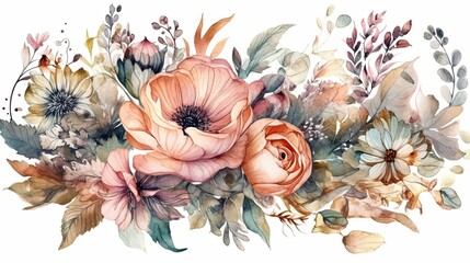 Bohemian Watercolor Bouquet. Eclectic Floral Painting for Wall Decor. AI Generated