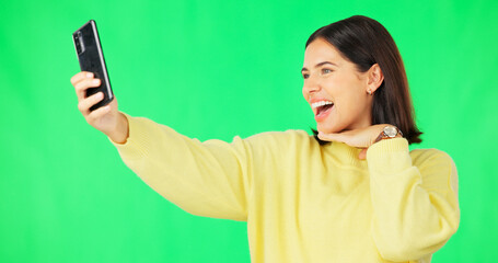 Happy woman, face and selfie on green screen with peace sign and facial expressions against studio background. Silly or goofy female model smiling for photo, emoji or memory with smartphone on mockup