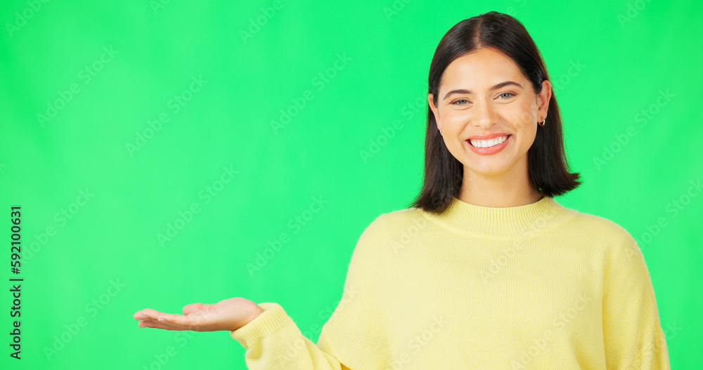 Sticker Happy woman, hand and green screen for product placement, advertising or marketing against studio background. Portrait of female face with smile showing advertisement or sale on copy space mockup