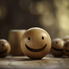 Smiley face wooden ball. Generative AI.
