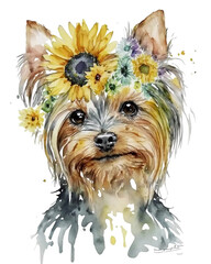 yorkshire terrier puppy wearing yellow sunflower  on head watercolor illustration, generative ai