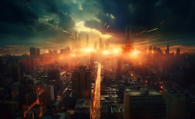 a big city is burning by a big explosion or meteor impact, apocalyptic concept, generative ai