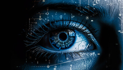 an eye with a virtual map arrows and symbols, in a digital world, future concept, generative ai