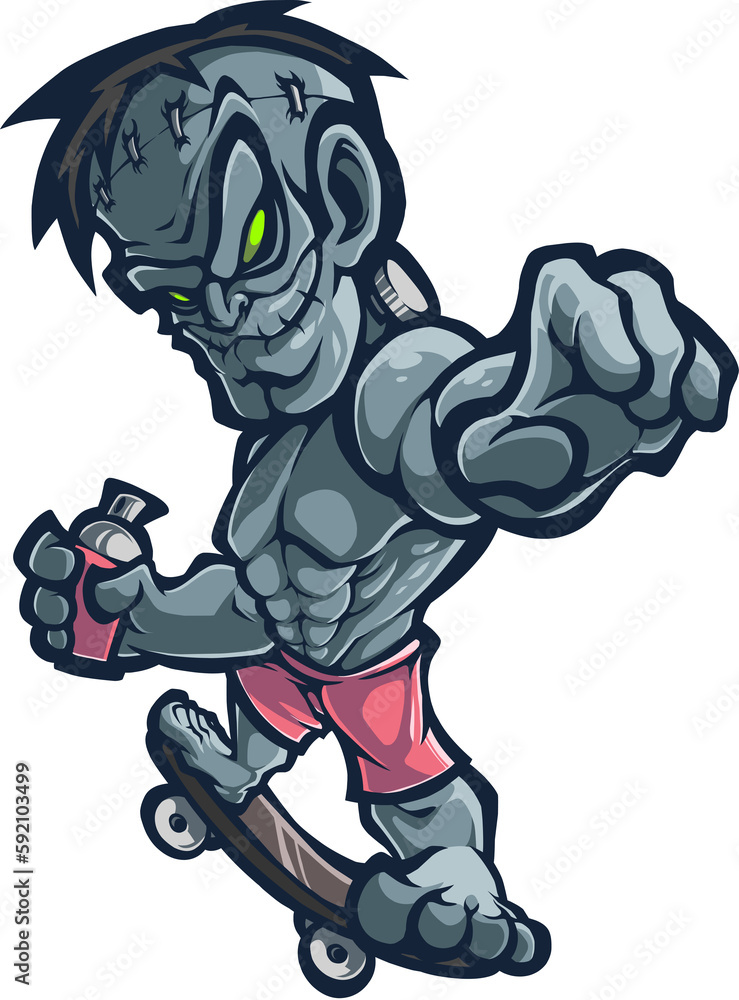 Wall mural zombie mascot with skateboard