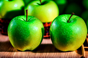 Green apples. Harvest of ripe delicious fruits. Generative AI.