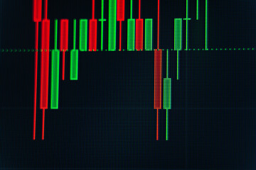 Quotes of stocks, bonds, futures or cryptocurrencies. Stock quotes of stocks, bond indices or futures on a computer monitor or scoreboard in the form of digital Japanese candlesticks