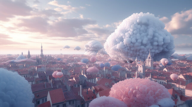 A surreal cityscape with light purple tints dreamed with Generative AI
