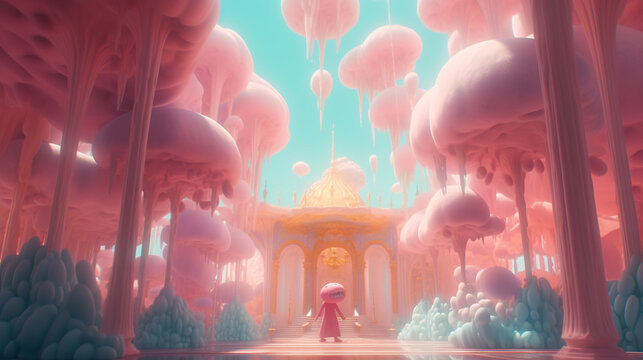 A fantasy animated character in a surrealist environment dreamed with Generative AI