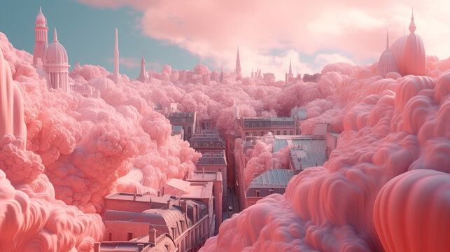 A surrealist pink city dreamed with Generative AI
