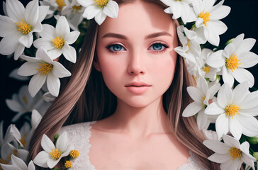 Obraz na płótnie Canvas Beautiful woman in daisies. Portrait of pretty model with composition of chamomile. Generative AI.