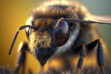 Macro view of the bee head. Close-up. Generative AI.