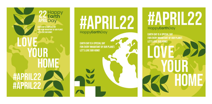 Happy Earth day. Ecology concept. Poster with globe map and leaves on light green background. Vector illustration. Abstract style. April 22.