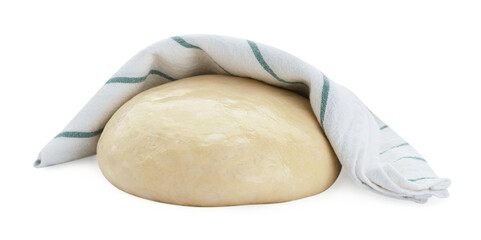 Fresh yeast dough and towel isolated on white