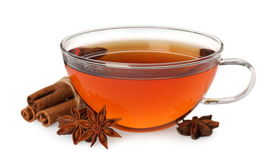 Glass cup of hot tea with anise stars and cinnamon sticks on white background