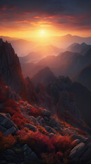 Naklejka premium Mountain Sunset Desktop Background - Inspiring Scenery for Midjourney AI
