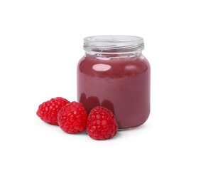 Jar of healthy baby food and fresh raspberries on white background