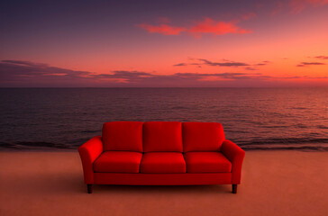 Fototapeta na wymiar Big red sofa on shore of ocean, sea at sunset. Comfortable couch on sandy beach. Generative AI.