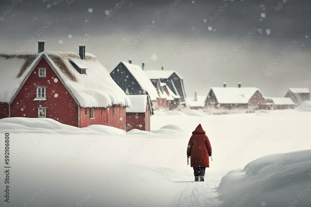 Poster extremely wide view of a snowy hamlet and an individual in a red parka. generative ai
