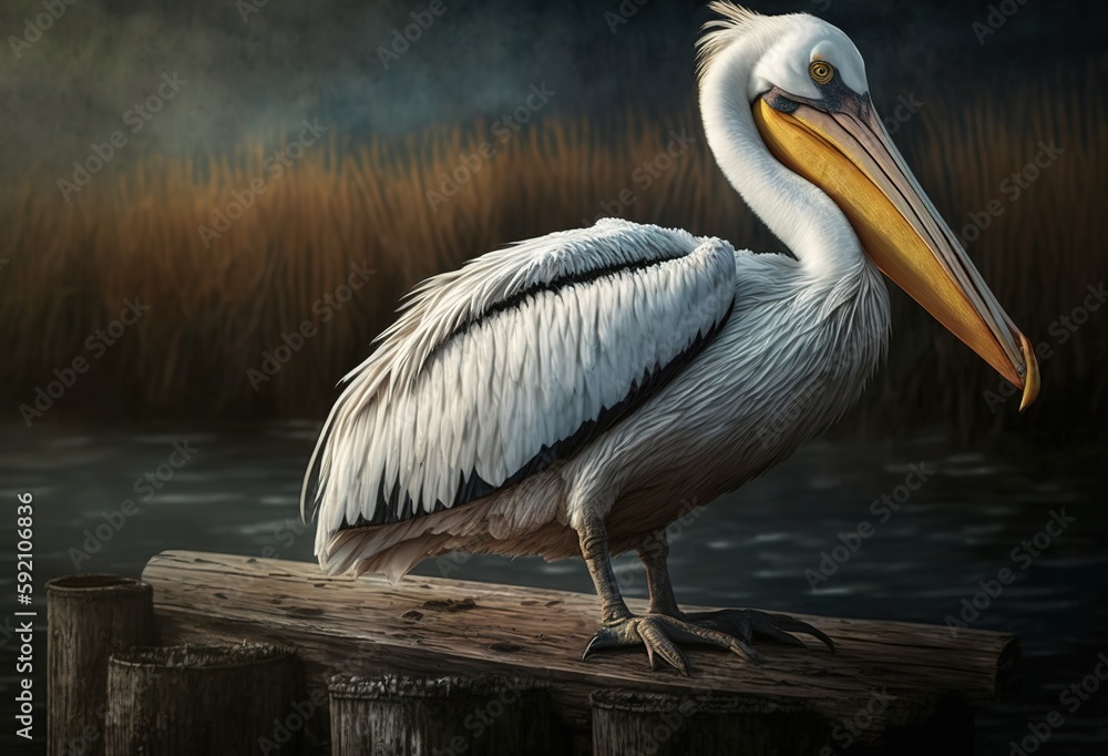 Wall mural White grumpy pelican perching on a piece of wood near the lake Generative AI