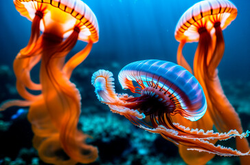 Fototapeta na wymiar orange jellyfish swimming in the blue water of the ocean. Generative AI.