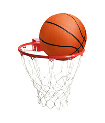 Fototapeta na wymiar Basketball ball falling into hoop with net isolated on white