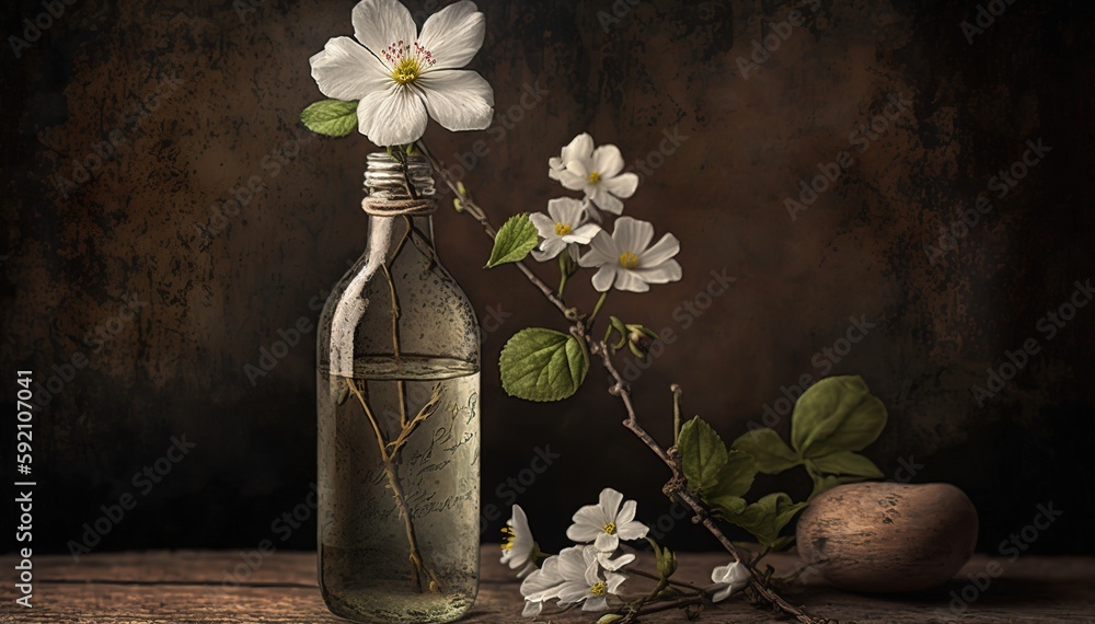 Poster white flower twig in the bottle with water against rustic background generative ai
