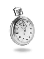 Concept of time. Vintage timer in air on white background