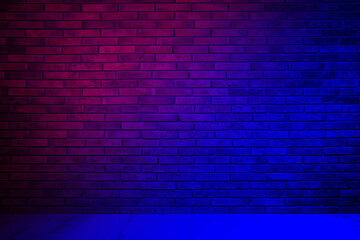 Fototapeta na wymiar Room with brick wall and wooden floor in neon lights