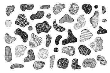 Set of isolated vector black grunge stroking textured ink pen freehand shapes. Unique scratched hand drawn textures collection for graphic design, decoration, patterns