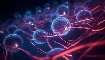 Biotech cell interconnected lines. 3D illustration, biotechnology or biotech. Generative ai