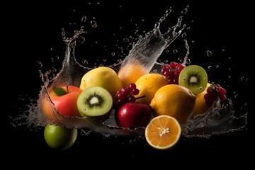 Fototapeta na wymiar Photo group of fresh fruits with splash water Generative AI