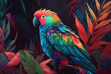 Obraz premium Colorful parrots in forest, generative ai