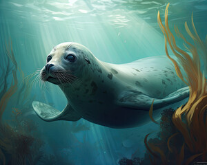 Fototapeta premium Underwater Dream: Realistic Seal Illustration in Oceanic Habitat