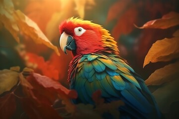 Fototapeta premium Colorful parrots in forest, generative ai